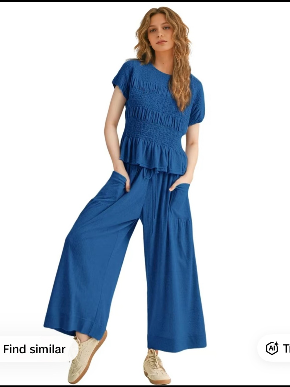 SCUSTY Tik Tok Women’s 2-Piece Blue Wide-Leg Smocked Top & Pants Set